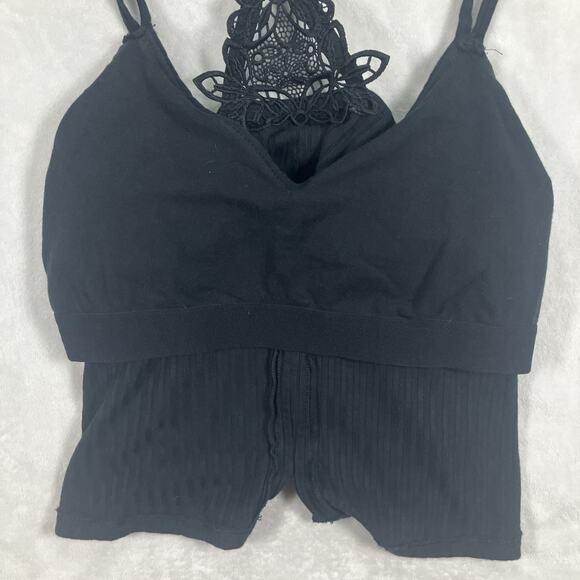Aerie Size XL Women's Lace Racerback Built In Bra Cropped Tank Top Black Ribbed - Picture 7 of 14